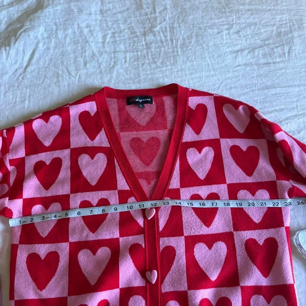 33 Degrees Pink and Red Checkered Heart Pattern Cardigan Sweater Size Large - Picture 5 of 7